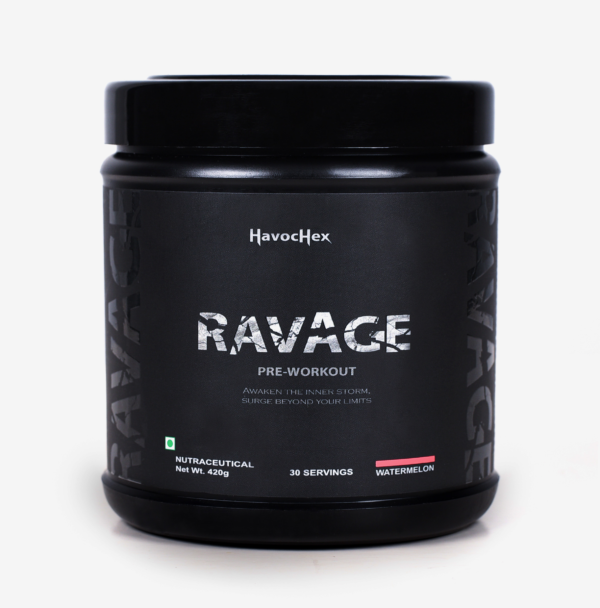 A bold container of Ravage Preworkout against a dynamic background.