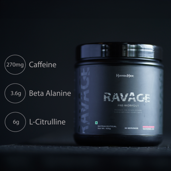 A close-up of a scoop filled with Ravage Preworkout mix, surrounded by containers labeled "270 mg Caffeine," "3.6g Beta-Alanine," and "6g Citrulline Malate.